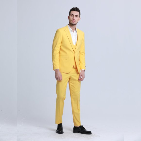 Men's Skinny-Fit 3-Piece Suit w/ Double-Breasted Vest, Yellow Canary - Picture 7 of 7